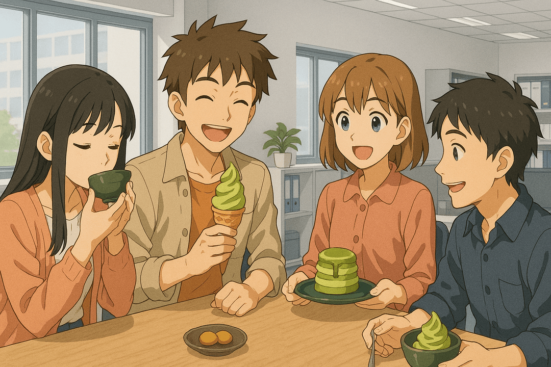 Friends enjoying matcha together in the office